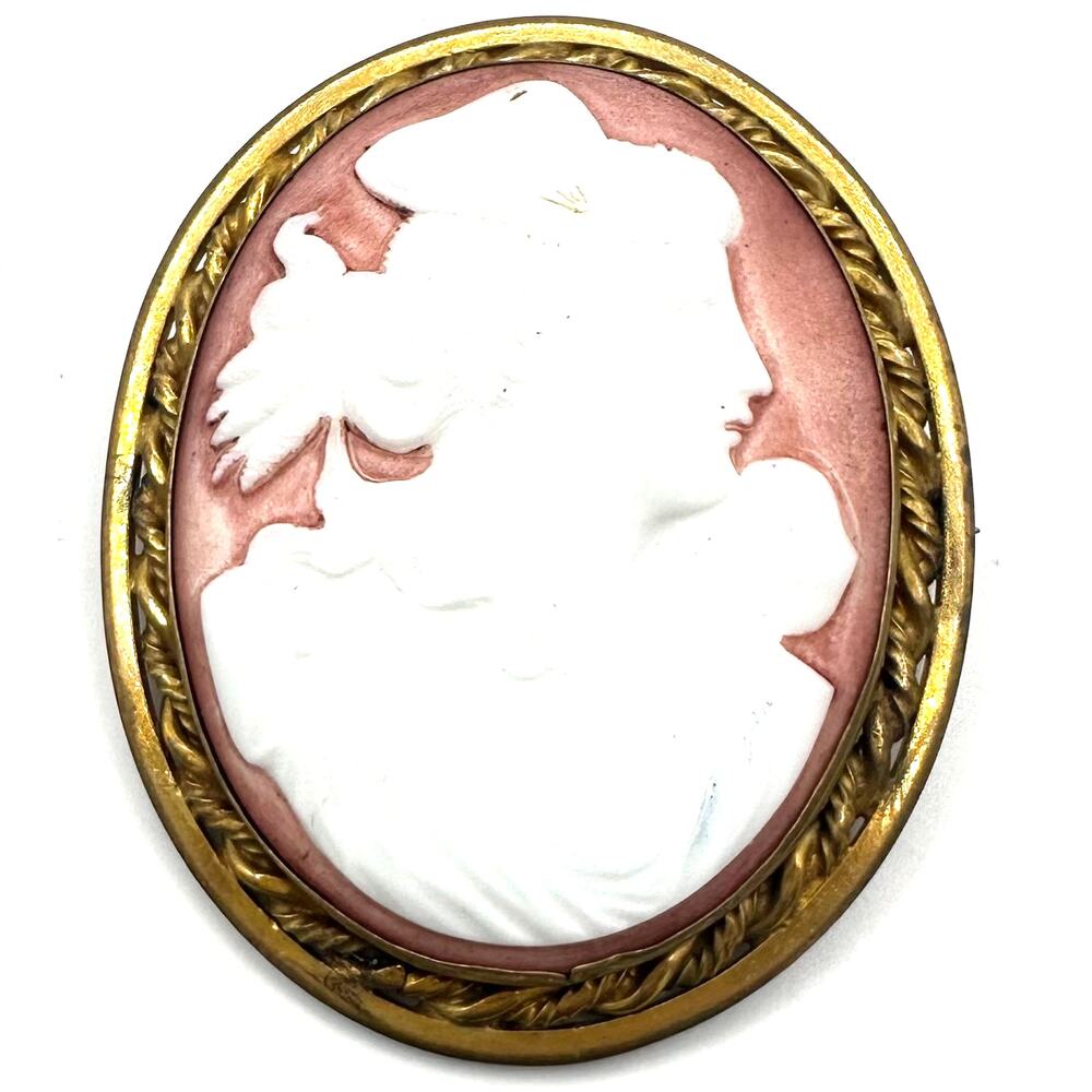 Antique Art Deco 1920s massive white pink porcelain cameo gold tone brooch